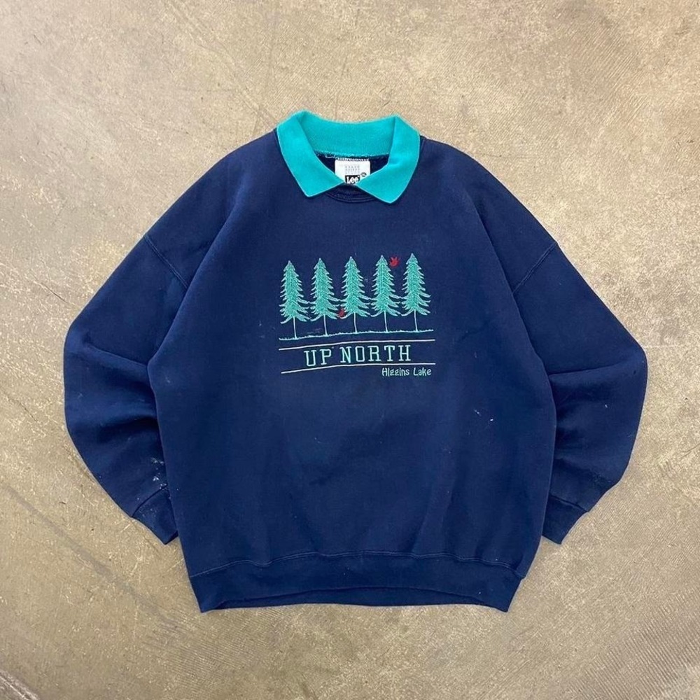 Vintage 90s Up North Nature Destination Lee Collared Crewneck Sweatshirt XXL